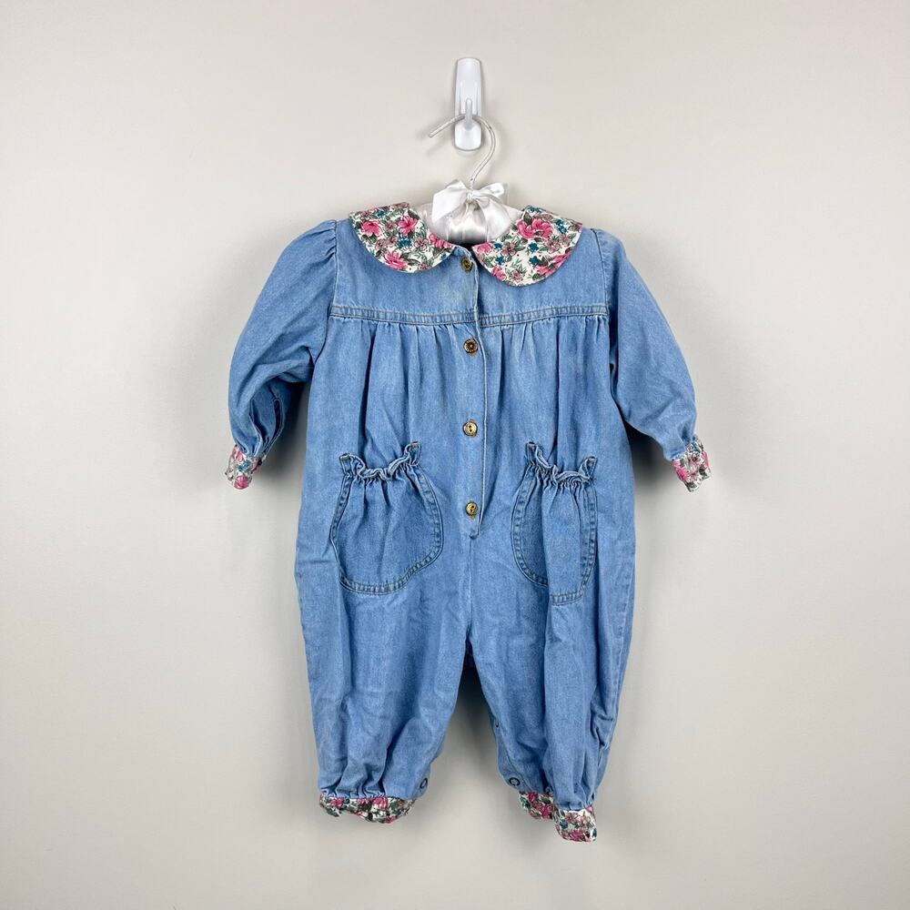 Vintage Baby Beluga New York Floral Denim Jumpsuit Romper 12 Months